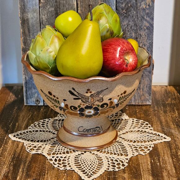 Handcrafted Netzi Mexico Pedestal Fruit Bowl with Bird Floral Designs - Cozumel - Picture 3 of 10